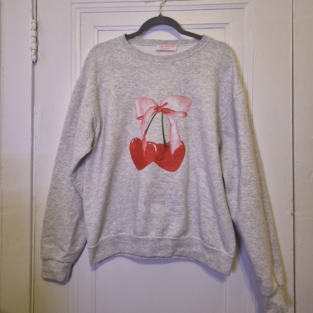 Heart Cherry Bow Oversized Sweatshirt Grey